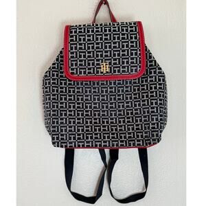 Tommy Hiligiger Liv II Flap Navy White Monogram Red Trim Backpack Purse Bag